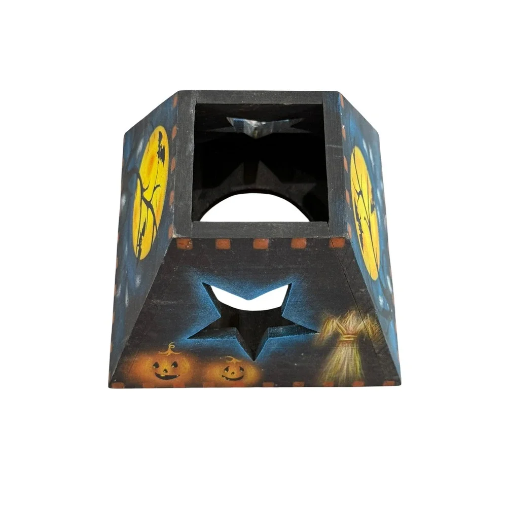 Hand Painted Wooden Halloween Tealight Candle Holder Primitive Jack O Lantern 5